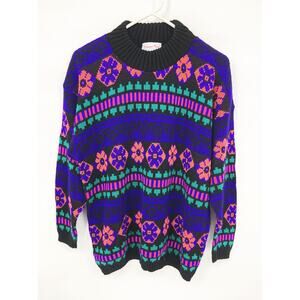 Glamour Knit Mock Neck Sweater Pullover Blue Long Sleeve Geometric Print Size 42